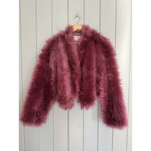 Free People All Night Faux Fur Cropped Jacket S Small Cozy Boho Rose Pink Snaps